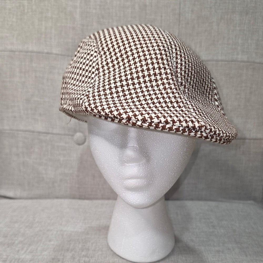 Brown White Houndstooth Flat Cap Ivy Driving Hat Mesh Lined Patterned Newsboy